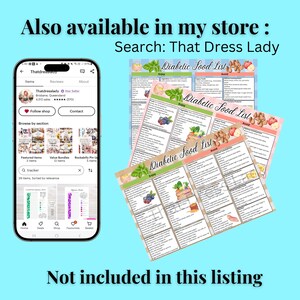 May include: Three printable digital download sheets with a pink and green background and a watercolor design of fruit and vegetables. The sheets are titled "Diabetic Food List" and list foods to enjoy and avoid.