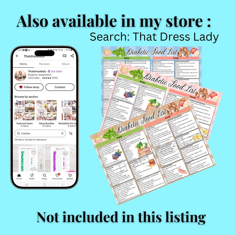 May include: Three printable digital download sheets with a pink and green background and a watercolor design of fruit and vegetables. The sheets are titled "Diabetic Food List" and list foods to enjoy and avoid.