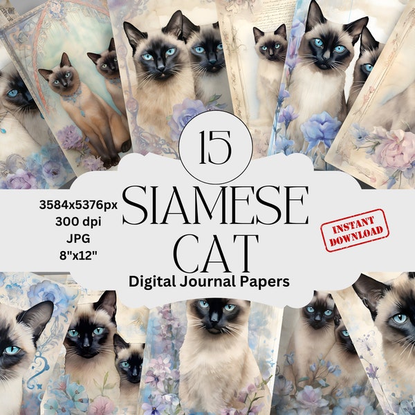 Antique Siamese Cat Digital Journal Paper Set Siamese Cat Journal Paper Printable Digital Papers Scrapbooking Pack Vintage Cat Journal Pages