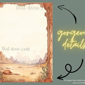 Pode incluir: Um download digital imprim&iacute;vel de uma ilustra&ccedil;&atilde;o em aquarela de uma paisagem des&eacute;rtica com uma moldura decorativa. O texto "That dress Lady" &eacute; vis&iacute;vel na imagem.