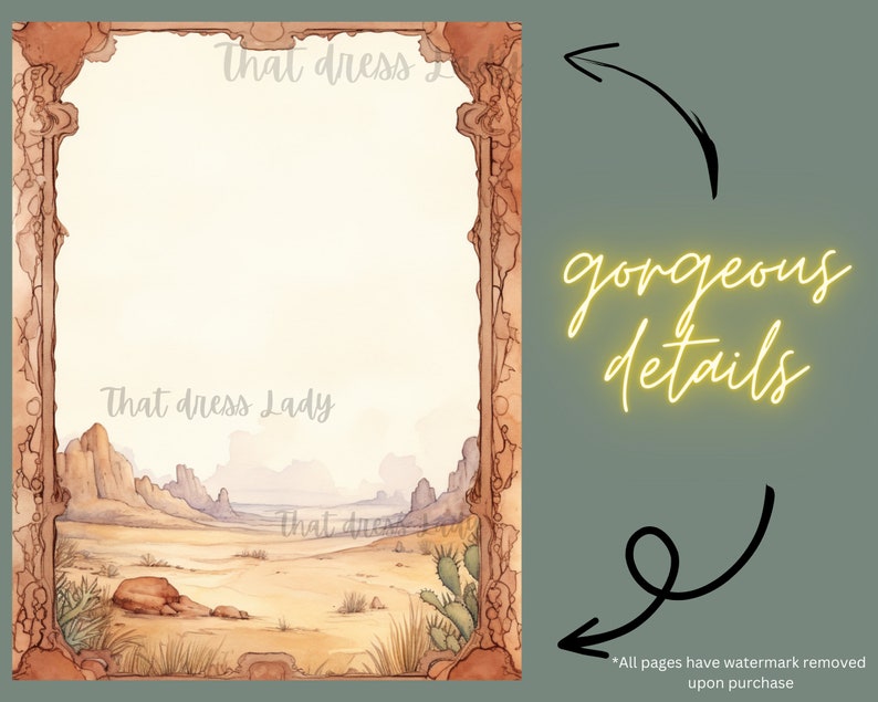 Pode incluir: Um download digital imprim&iacute;vel de uma ilustra&ccedil;&atilde;o em aquarela de uma paisagem des&eacute;rtica com uma moldura decorativa. O texto "That dress Lady" &eacute; vis&iacute;vel na imagem.