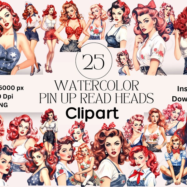 Rockabilly Red Head Pin Up Clipart Graphics Bundle PNG Download Scrapbooking Pin Up Junk Journal Clipart Retro Scrapbook Rockabilly Clipart