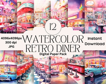 Rockabilly Retro Diner Digital Paper Set Junk Journal Papers Retro Diner Printable Graphic Digital Scrapbooking 1950s Car Classic Roadhouse