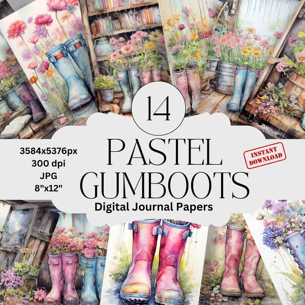 Ensemble de papier journal numérique Gumboot, papier indésirable, papiers numériques imprimables Gumboots, papier de scrapbooking vintage bottes journal, pages imprimées