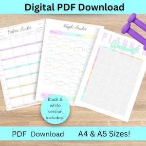 Puede incluir: Conjunto de planificadores digitales imprimibles con tres páginas: un rastreador de calorías, un rastreador de peso y un planificador de entrenamiento. Las páginas están diseñadas con un esquema de color pastel e incluyen cuadros de texto para escribir información. El texto "¡Versión en blanco y negro incluida!" se muestra en la imagen.