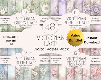 Vintage Victorian Lace Digital Paper Set Floral Junk Journal Paper Printable Antique Lace Digital Scrapbooking Lace Floral Paper Pack