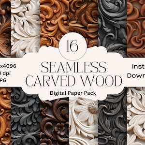 Conjunto de papel digital con texturas de madera tallada, papel de diario basura, paquete de papel digital imprimible para álbumes de recortes, patrones de madera ornamentados repetibles sin costuras