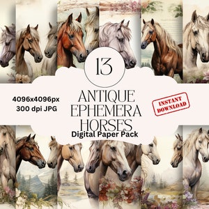 Watercolor Horse Digital Paper: Antique Ephemera Pack (Digital Download)