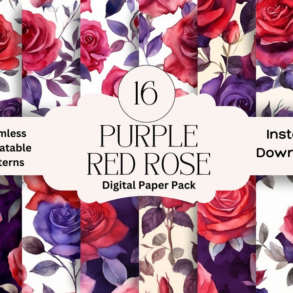 Purple Red Roses Digital Paper Set Junk Journal Roses Paper Printable Digital Papers Rose Scrapbooking Floral Pack Seamless Rose Pattern