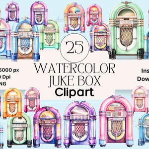 Op de afbeelding: Een set van 25 aquarel illustraties van vintage jukeboxes in verschillende kleuren, waaronder roze, groen, blauw en geel. De jukeboxes hebben een retro design met een klassieke uitstraling. De tekst "25 Watercolor Jukebox Clipart" wordt in het midden van de afbeelding weergegeven.