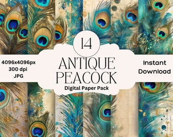 Peacock Gold Digital Paper Set Junk Journal Imprimible Digital Scrapbooking Paquete de Papeles Antiguos Gráficos de Plumas Oro Papel Afligido