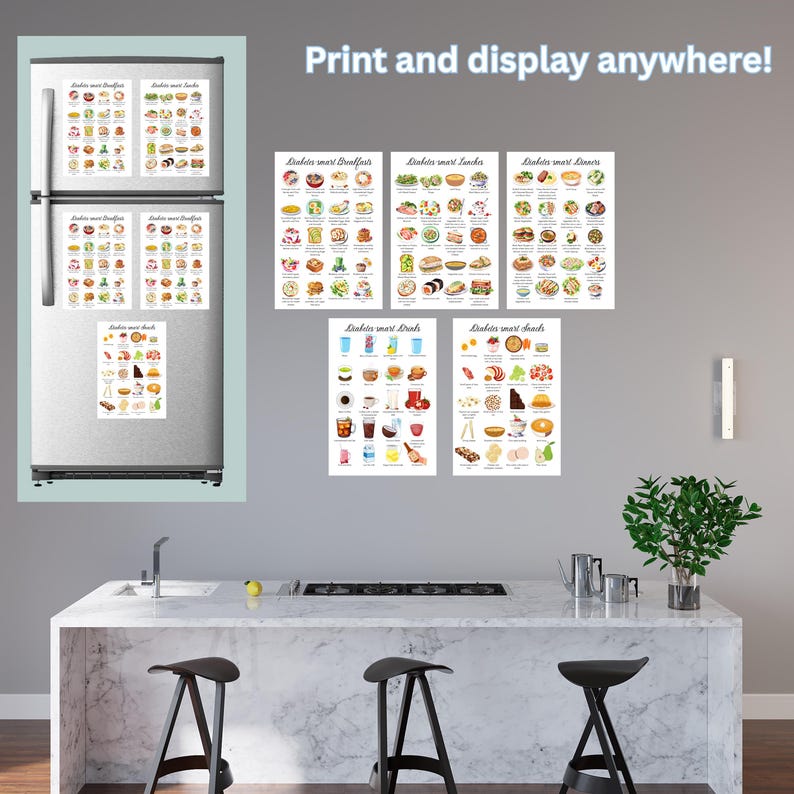 May include: A set of six printable posters with illustrations of food options for people with diabetes. The posters are titled "Diabetes Smart Breakfasts", "Diabetes Smart Lunches", "Diabetes Smart Dinners", "Diabetes Smart Drinks", and "Diabetes Smart Snacks". The posters are displayed on a white wall in a kitchen setting.