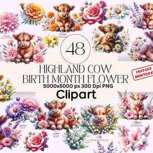 Highland Cow Geboortemaand Bloem Clipartbundel PNG Instant Download Scrapbooking Junk Journal Clipart-afbeeldingen Baby Highland Cow Clipart