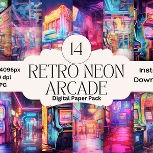 Aquarell Neon Arcade Digitales Papier Set Junk Journal Papier Arcade Druckbare Seite Digitales Scrapbook Papier Neon Hintergrund Gaming Grafik