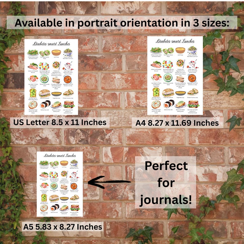 May include: A printable chart with watercolor illustrations of diabetes-friendly lunch ideas. The chart is available in three sizes: US Letter (8.5 x 11 inches), A4 (8.27 x 11.69 inches), and A5 (5.83 x 8.27 inches).