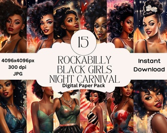 Rockabilly Black Pin Up Girls Digital Paper Set Junk Journal Paper Retro Carnival Printable Pin Up Graphic Digital Scrapbooking 1950s Women