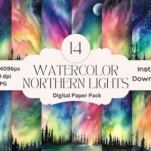 Watercolor Northern Lights Digital Paper Set Aurora Scrapbook Paper Printable Digital Night Sky Aurora Borealis Scrapbooking Paper Pack