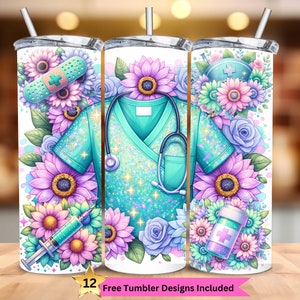 Puede incluir: Tres vasos blancos con un diseño floral y una bata de cirujano de color turquesa con un estetoscopio. Las flores son rosas, moradas y azules. Los vasos son de 20 oz.