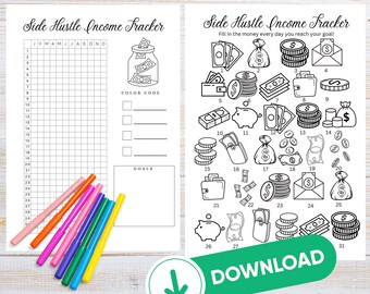 Side Hustle Savings Tracker Side Hustle Income Printable Coloring Habit Tracker Save Money Chart Saving Goal Coloring