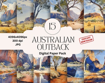 Set di carte digitali ad acquerello dell'entroterra australiano, carta per junk journal, pagine stampabili australiane, carte stampabili
