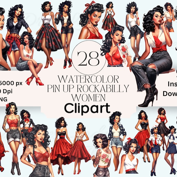 Rockabilly Black Pin Up Clipart Graphics Bundle PNG Download Scrapbooking Pin Up Junk Journal Clipart Retro Scrapbook Rockabilly Clipart