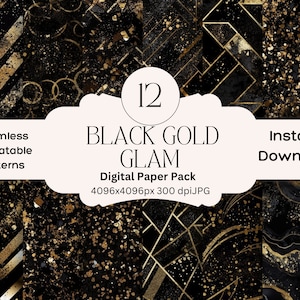 Set di carta digitale Glam nero e oro Carta per diario spazzatura Carta digitale stampabile Confezione per scrapbooking Oro Motivi ripetibili senza soluzione di continuità Nero