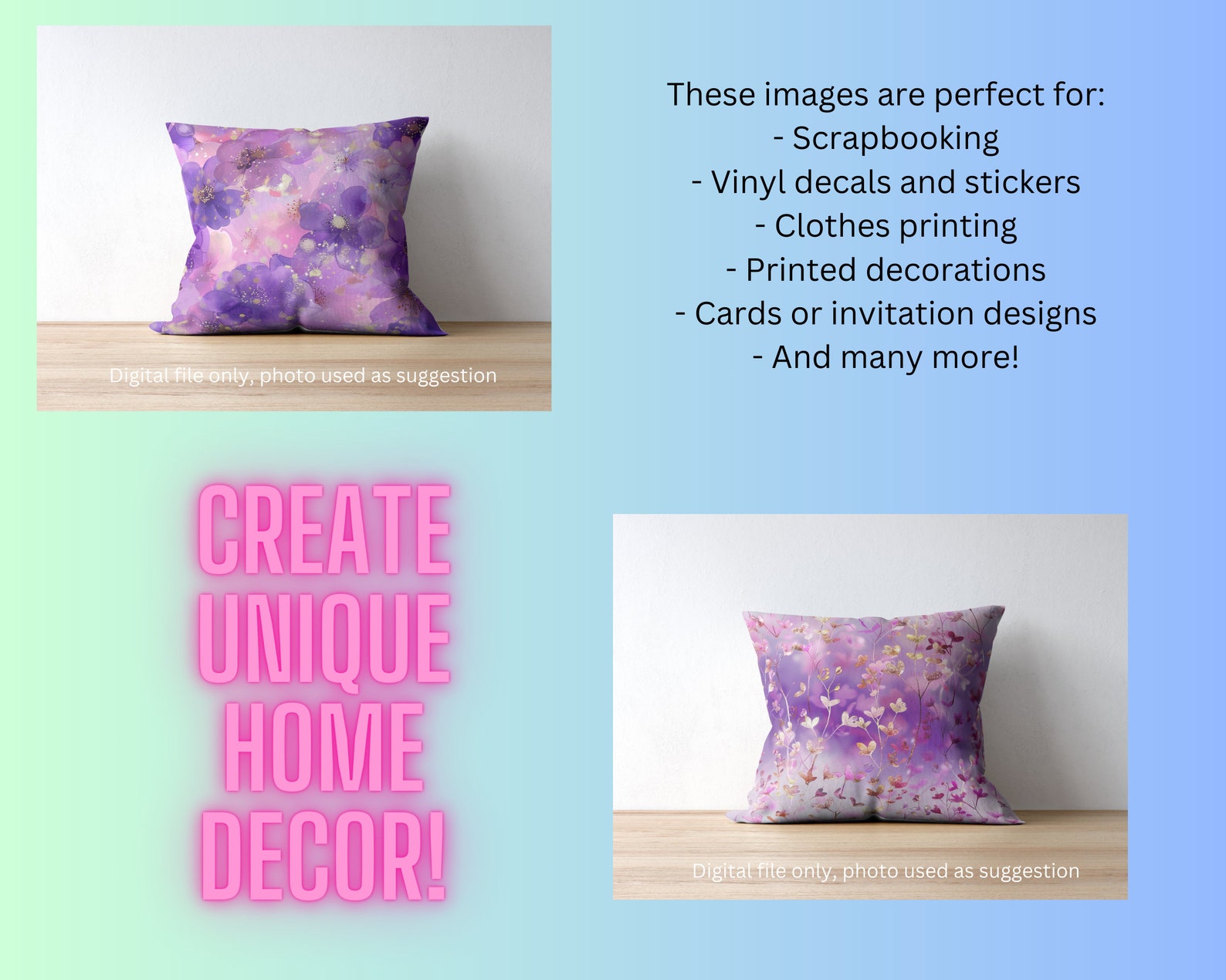 Seamless Purple Gold Floral Digital Paper Set Spring Flowers Junk ...