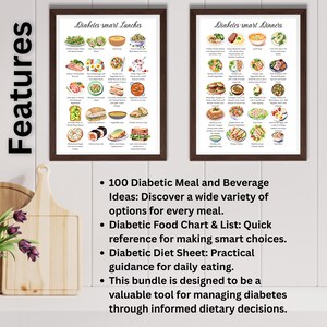 May include: Two framed printable charts with watercolor illustrations of 100 diabetic meal and beverage ideas. The charts are titled "Diabetes-smart Lunches" and "Diabetes-smart Dinners".