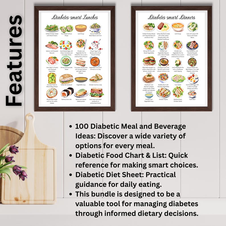 May include: Two framed printable charts with watercolor illustrations of 100 diabetic meal and beverage ideas. The charts are titled "Diabetes-smart Lunches" and "Diabetes-smart Dinners".