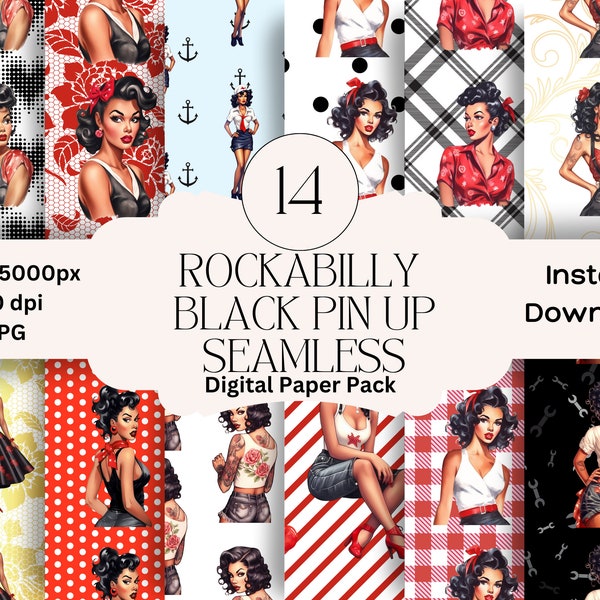 Black Girl Rockabilly Pin Up Digital Paper Bundle PNG Téléchargement instantané Scrapbooking Pin Up Junk Journal Retro Scrapbook Rockabilly Paper