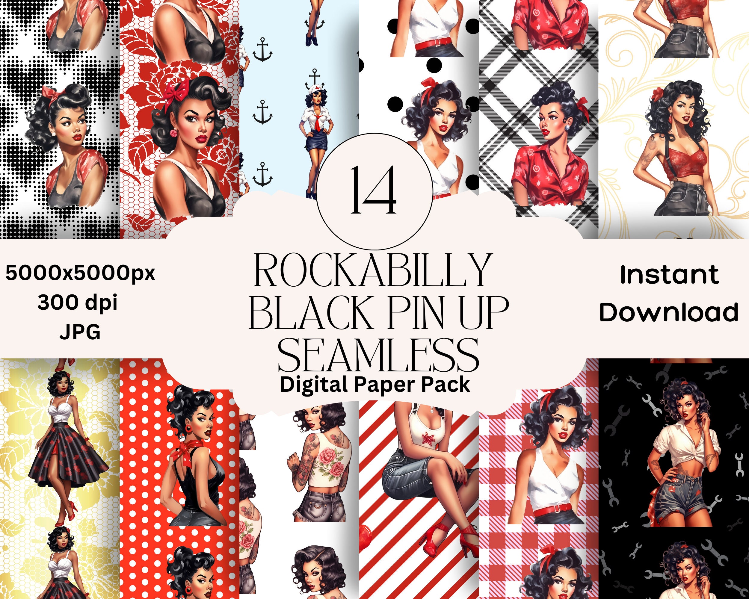 Black Girl Rockabilly Pin Up Digital Paper Bundle PNG 50s Inspired Scrapbooking Pin Up Junk Journal Retro Scrapbook Rockabilly Paper
