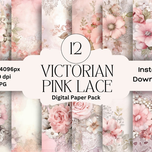 vintage Victorian Lace Digital Paper Set Pink Floral Junk Journal Papier Imprimable Antique Lace Digital Scrapbooking Pink Lace Paper Pack