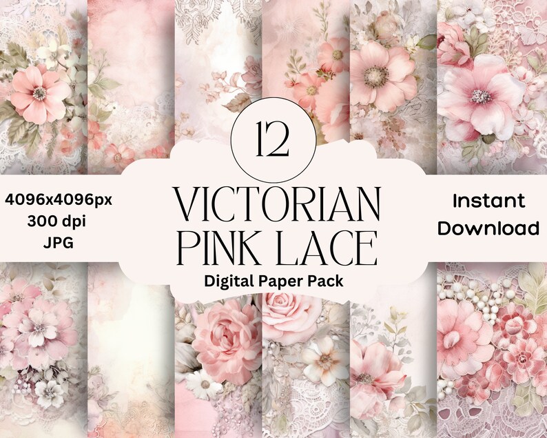 Victorian Pink Floral Lace Digital Paper: Junk Journal Pack (digital ...