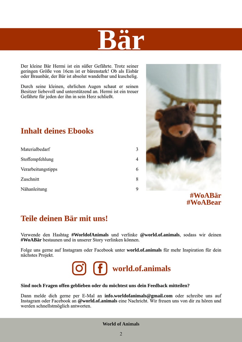 PDF sewing pattern bear plush toy/cuddly toy 16 cm German image 3