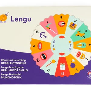 May include: A board game box with the word "Lengu" and a cartoon bird. The game features a colourful circular design with numbered sections and illustrations. Text on the box indicates it is for oral motor skills.