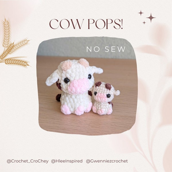 Cow Pops, NO-SEW crochet amigurumi PDF Pattern, adorable cute cow with poppable fidget head, quick and easy project for markets or gifts.