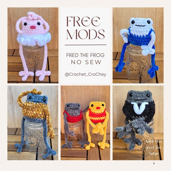 FREE modifications for Fred the Frog Pattern (not included) cottage core or acrobat overalls, bathing suits, sweaters, skirts, dresses