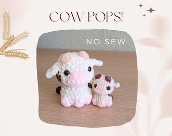 Cow Pops, NO-SEW crochet amigurumi PDF Pattern, adorable cute cow with poppable fidget head, quick and easy project for markets or gifts.