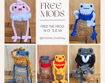 FREE modifications for Fred the Frog Pattern (not included) cottage core or acrobat overalls, bathing suits, sweaters, skirts, dresses