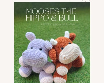 Mooses the Hippo & Bull, PDF LOW-SEW 2 in 1 crochet Pattern, Cute and cuddly amigurumi plushies