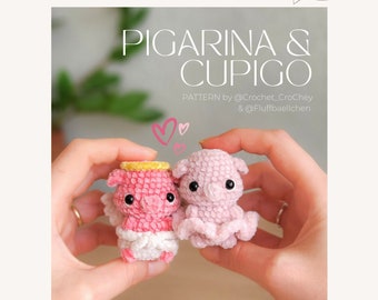 2 in 1 Piggy crochet amigurumi pdf Pattern, incl Pigerina (no-sew) & Cupigo (low-sew) + optional booties. Lovely valentine's craftproject.