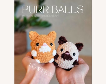 Purr Ball low-sew cat crochet amigurumi PATTERN, a cute customisable kitty, easy and quick make perfect for markets or as a gift.