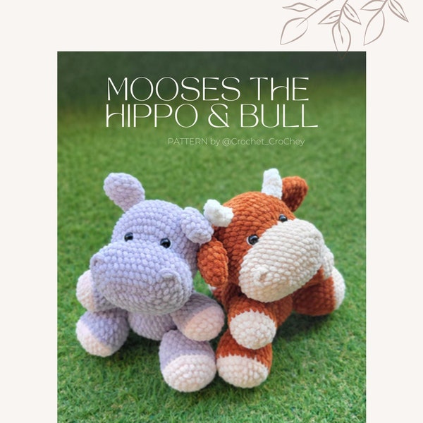 Mooses the Hippo & Bull, PDF LOW-SEW 2 in 1 crochet Pattern, Cute and cuddly amigurumi plushies