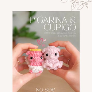 2 in 1 Piggy crochet amigurumi pdf Pattern, incl Pigerina (no-sew) & Cupigo (low-sew) + optional booties. Lovely valentine's craftproject.
