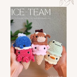 Ice-Team no-sew 3 in 1 Häkelanleitung PDF, anpassbare Eiskugeln: Oktopus und Wal, Küken und Frosch, Kuh und Schwein.