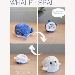 Flippy der Wal & Robbe Reversible NO-SOW pdf Pattern, einschließlich Orca-Modifikation, niedliches interaktives Fidget-Spielzeug, Pop innerhalb nach außen