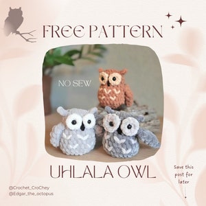 Uhlalaaa Owl, NO-SEW crochet amigurumi PDF Pattern, Small owl with wings and booty
