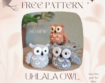Uhlalaaa Owl, NO-SEW crochet amigurumi PDF Pattern, Small owl with wings and booty
