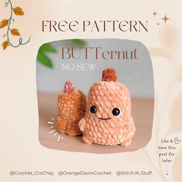 BUTTernut Squash NO-SEW crochet amigurumi PDF Pattern, cute pumpkin squash with, hands, feet and a booty