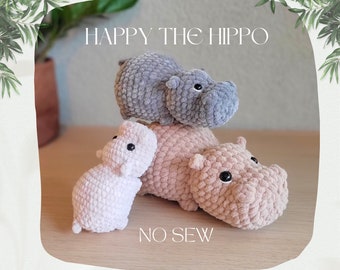 Happy the Hippo, NO-SEW crochet amigurumi PDF Pattern, adorable cute chonky hippo super quick and easy project for markets or gifts.